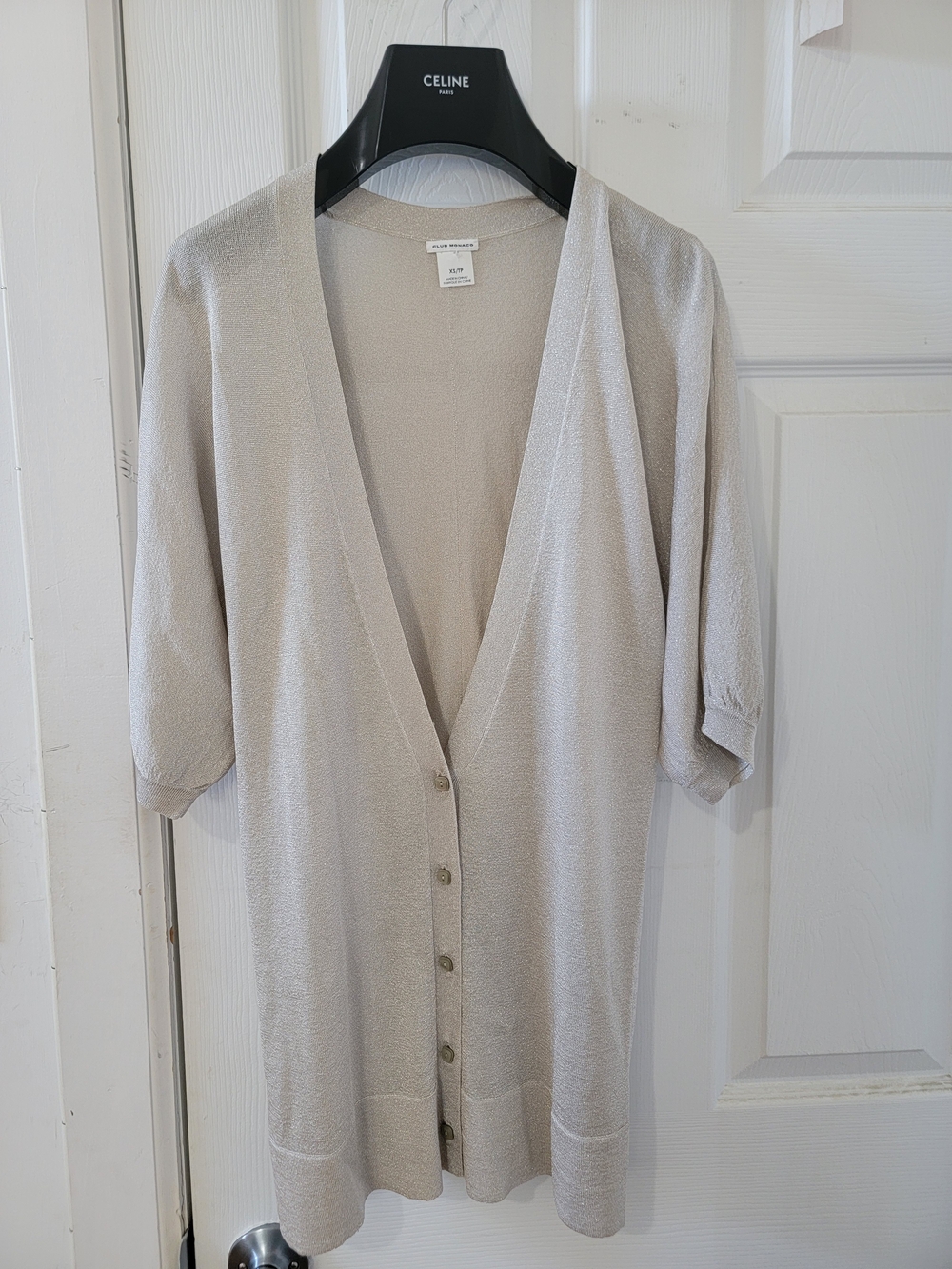 Club Monaco V-Neck Button-Front Silver Cardigan